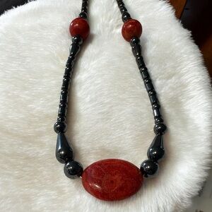 SOLD Vintage Red Coral Hematite Gemstone Hand Crafted Boho Southwestern Necklace
